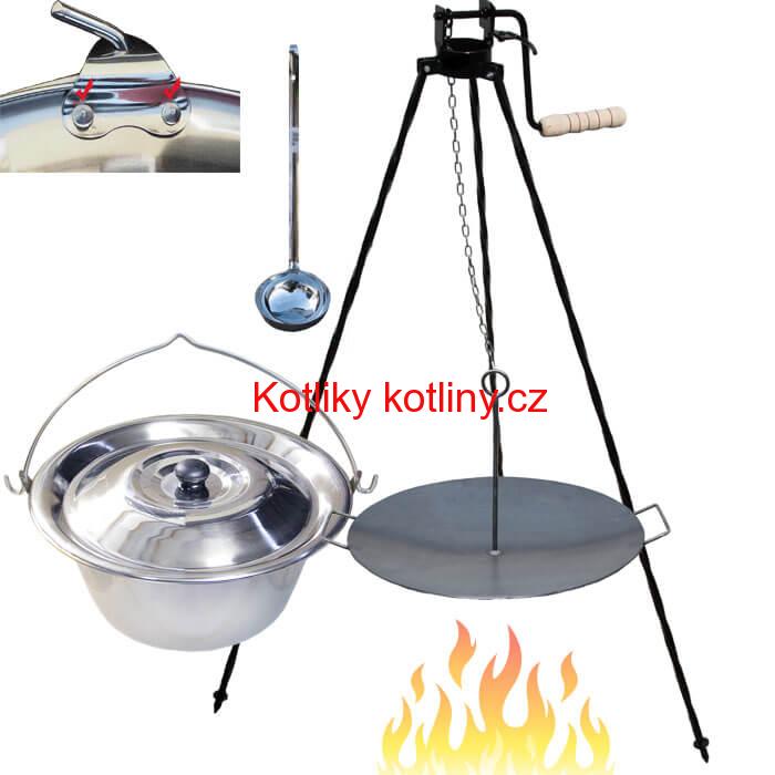Nerezový kotlík 20 L (0,8 mm) s nýty + pánev na grilování a stojan s kladkou VAR