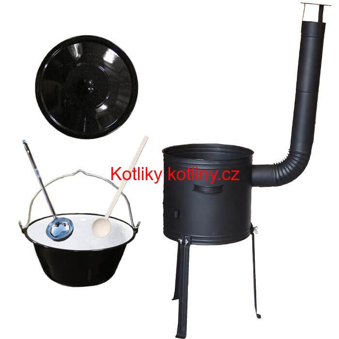 Smaltovaný kotlík 25 L (1,2 mm) + kovová kotlina s vysokými nožičkami 42 cm + vařečka a naběračka