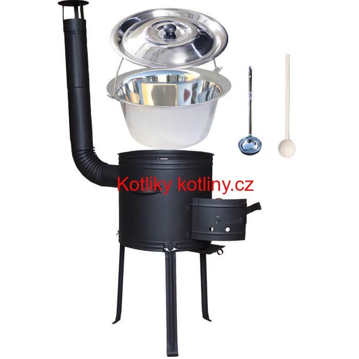 Nerezový kotlík 15 L (1,2 mm) + kovová kotlina s vysokými nožičkami 36 cm, žáruvzdorná barva Plus 700 + vařečka a naběračka