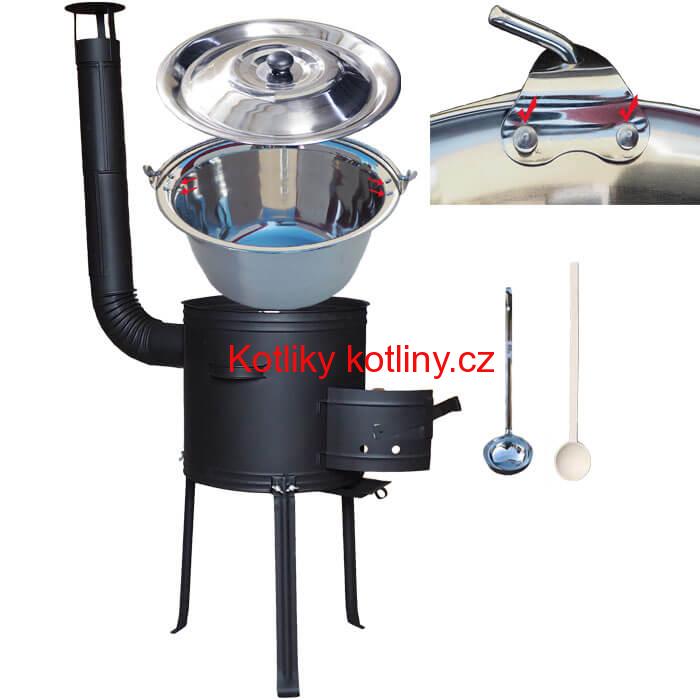 Nerezový kotlík 20 L (0,8 mm) zesílený s nýty + kovová kotlina s vysokými nožičkami 42 cm, žáruvzdorná barva Plus 700 + vařečka a naběračka