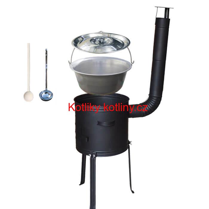 Nerezový kotlík 15 L (1,5 mm) + kovová kotlina s vysokými nožičkami 36 cm, žáruvzdorná barva Plus 700 + vařečka a naběračka