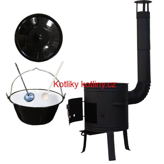 Smaltovaný kotlík 10 L (1,2 mm) + nízká žáruvzdorná kotlina 33 cm PLUS 700 + vařečka a naběračka