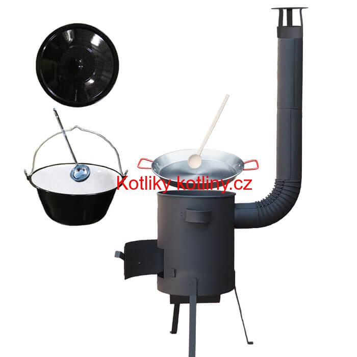 Smaltovaný kotlík 16 L + Paella ocelová pánev 42 cm + žáruvzdorná kotlina 39 PLUS 600 s roštem na popel 4 mm