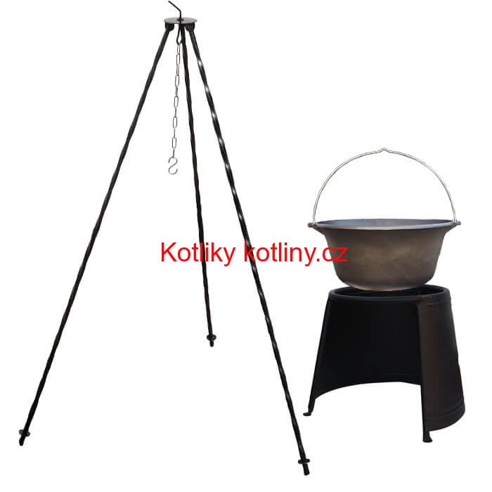 Litinový kotlík 7,2 L + chránič plamene 32 cm + trojnožka 1,2 m