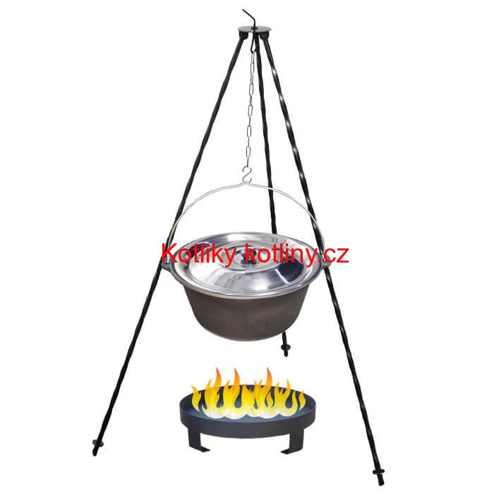 Litinový kotlík 7,2 L + nerezová poklice  + trojnožka 1,2 m + ohniště 36 cm