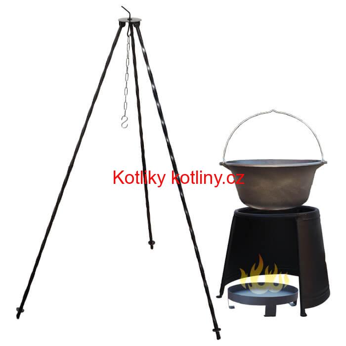 Litinový kotlík 7,2 L + chránič plamene 32 cm + ohniště 36 cm + trojnožka 1,2 m