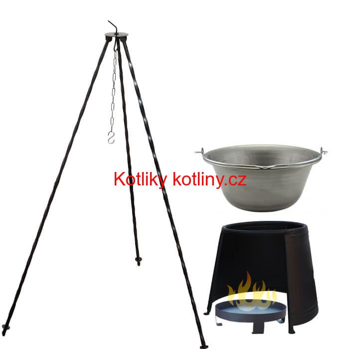 Železný kotlík 6 L (0,75 mm) + chránič plamene 32 cm + ohniště 36 cm + trojnožka 1,2 m