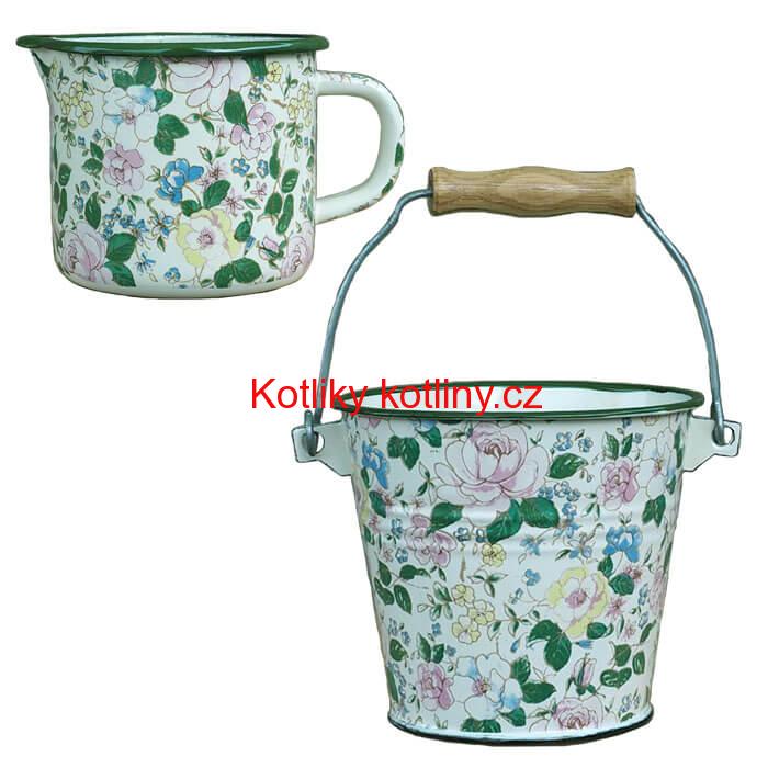 Smaltovaný hrnek s výlevkou 1 L + vědro 1 L DECOR