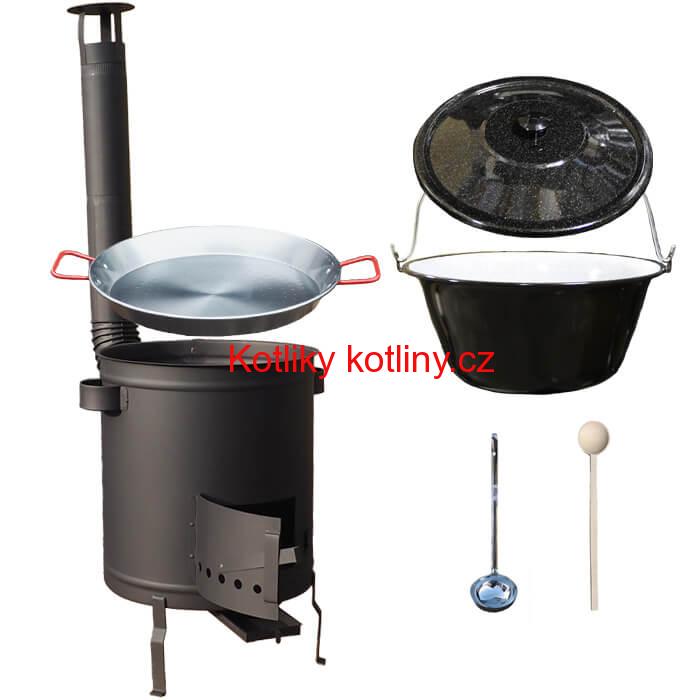 Smaltovaný kotlík 13 L (1,2 mm) + Paella pánev 38 cm + silnostěnná (1,5 mm) žáruvzdorná kotlina (1,5 mm) 36 PLUS 600