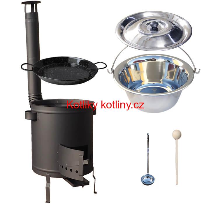 Nerezový kotlík 14 L (0,8 mm) + Paella pánev 38 cm + silnostěnná (1,5 mm) žáruvzdorná kotlina (1,5 mm) 36 PLUS 600