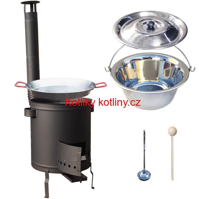 Nerezový kotlík 14 L (0,8 mm) + Paella pánev 38 cm + silnostěnná (1,5 mm) žáruvzdorná kotlina (1,5 mm) 36 PLUS 600