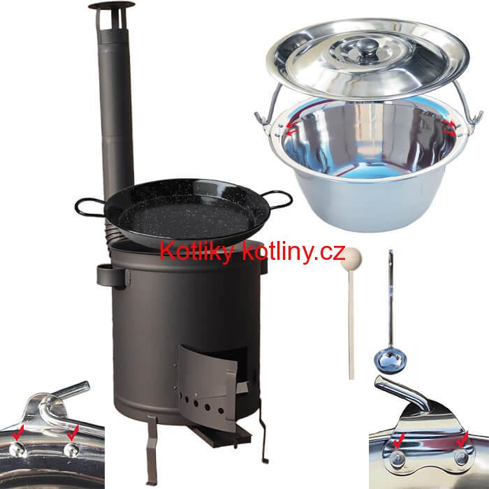 Nerezový kotlík 15 L (0,8 mm) zesílený s nýty + Paella pánev 38 cm + silnostěnná (1,5 mm) žáruvzdorná kotlina 36 PLUS 600