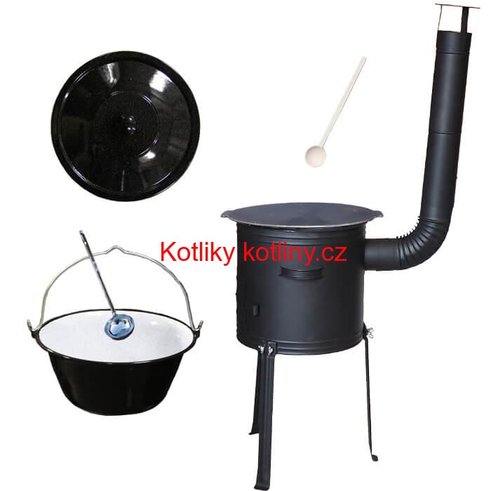 Smaltovaný kotlík 25 L + Litinová pánev 45 cm + kovová kotlina s vysokými nožičkami 42 cm, žáruvzdorná barva Plus 700