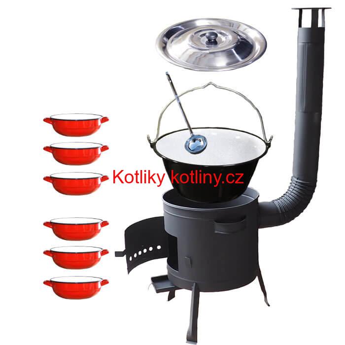 Smaltovaný kotlík 25 L + selské misky 6 ks + nízká žáruvzdorná kotlina 42 cm PLUS 600