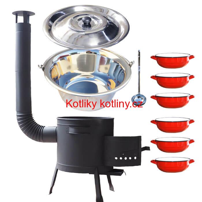 Nerezový kotlík 22 L (0,8 mm) INOX + selské misky 6 ks + nízká žáruvzdorná kotlina 42 cm PLUS 600