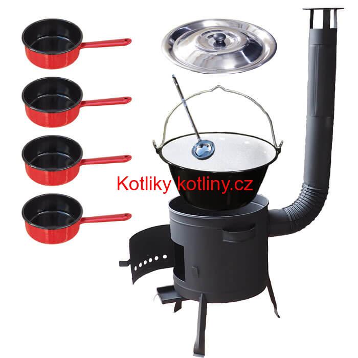 Smaltovaný kotlík 20 L + smaltovaný rendlík 4 ks + nízká žáruvzdorná kotlina 42 cm PLUS 600