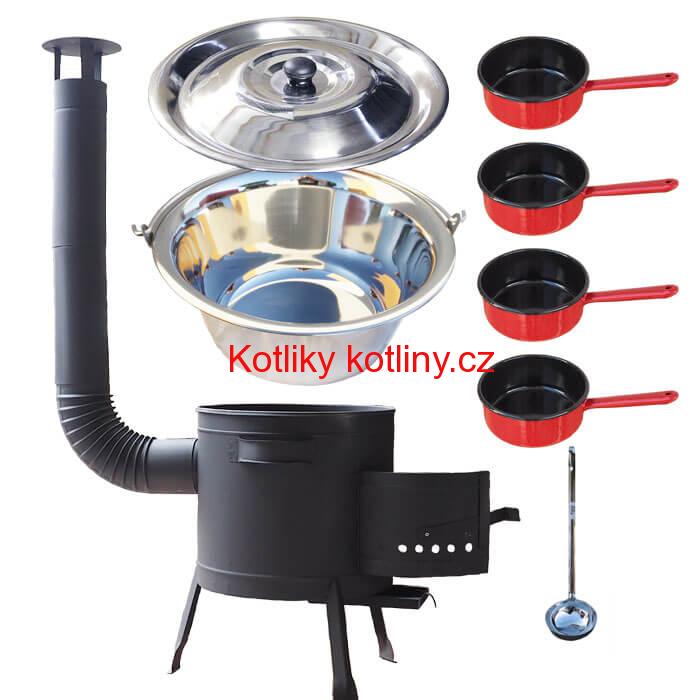 Nerezový kotlík 22 L (0,8 mm) INOX + smaltované rendlíky 4 ks + nízká žáruvzdorná kotlina 42 cm PLUS 600