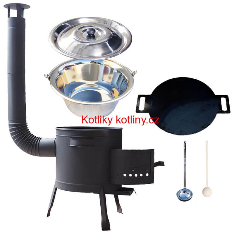 Nerezový kotlík 15 L (1,2 mm) + železná pánev 38 cm UNI + kotlina 36 cm PLUS 600