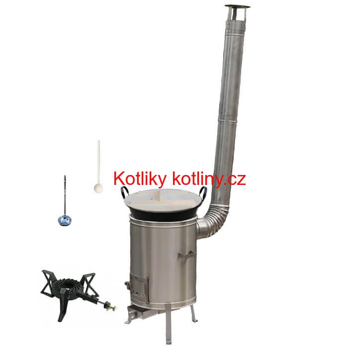 Zabijačkový smaltovaný kotel 100 L + nerezová kotlina 60 cm + hořák 7 kW + vařečka a naběračka