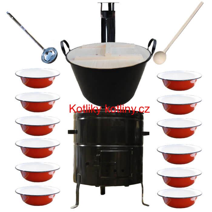 Smaltovaný kotel 100 L + smaltované talíře 12 ks vařečka a naběračka BIG PARTY