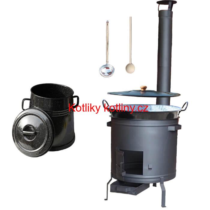 Smaltovaný kotel 80 L + žáruvzdorná kotlina 60 cm PLUS 600 + Nádoba na sádlo 10 L