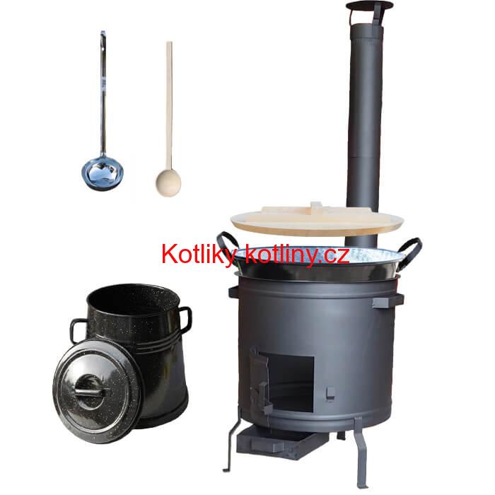 Smaltovaný kotel 100 L + žáruvzdorná kotlina 60 cm PLUS 600 + Nádoba na sádlo 10 L