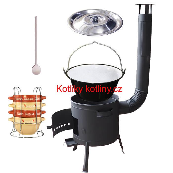 Smaltovaný kotlík 22 L (1,2 mm) + misky na guláš 4 ks + nízká žáruvzdorná kotlina 42 PLUS 600