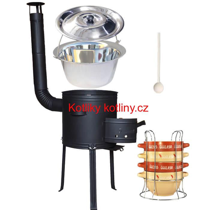Nerezový kotlík 22 L (0,8 mm) INOX + misky na guláš 4 ks + nízká žáruvzdorná kotlina 42 PLUS 700