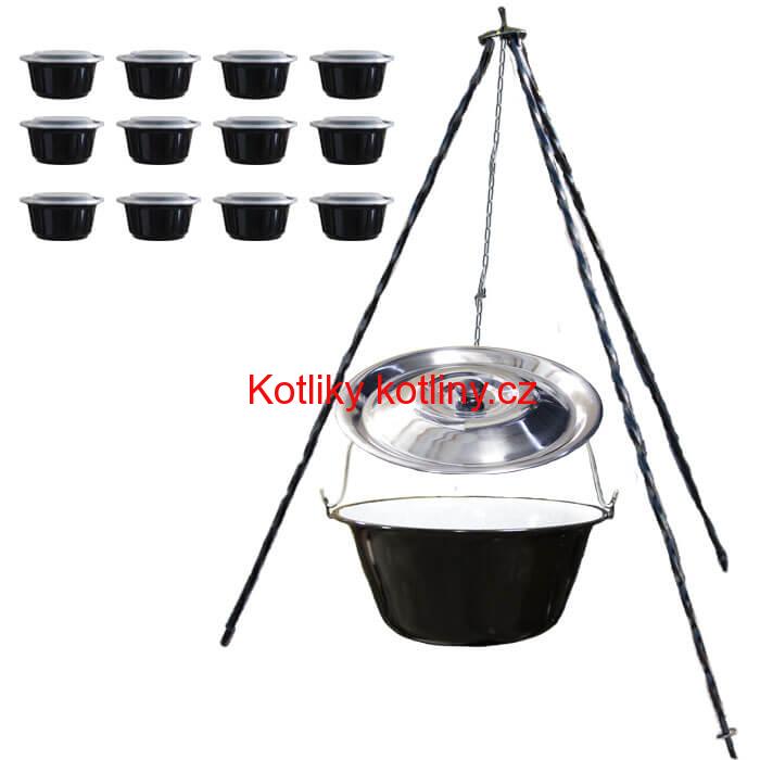 Smaltovaný kotlík 10 L (1,2 mm) + nerezová poklice + trojnožka 1,20 m + misky 12 ks