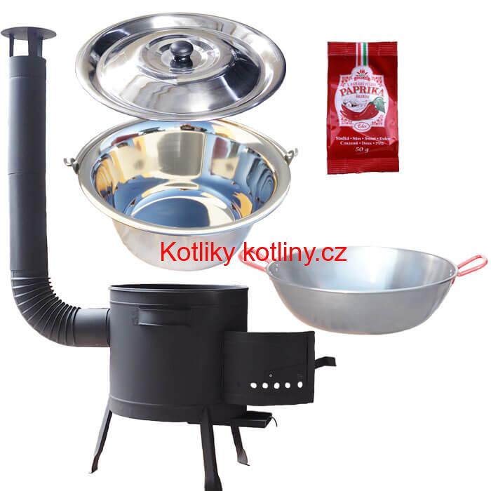 Nerezový kotlík 22 L (0,8 mm) INOX + Pánev PAELLA (WOK) 45 cm + sladká paprika 50 g + nízká kotlina 42 PLUS 600