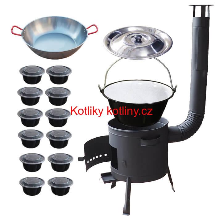 Smaltovaný kotlík 22 L + Pánev PAELLA (WOK) 45 cm + misky 12 ks + nízká kotlina 42 PLUS 600