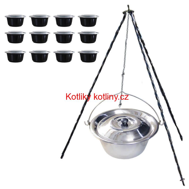 Nerezový kotlík 8 L (0,8 mm) INOX + poklice + trojnožka 1,20 m + misky 12 ks