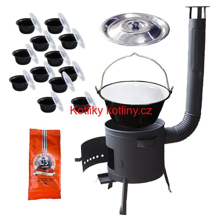 Smaltovaný kotlík 20 L (1,2 mm) + poklice + misky 12 ks + nízká žáruvzdorná kotlina (0,8 mm) 42 PLUS 600