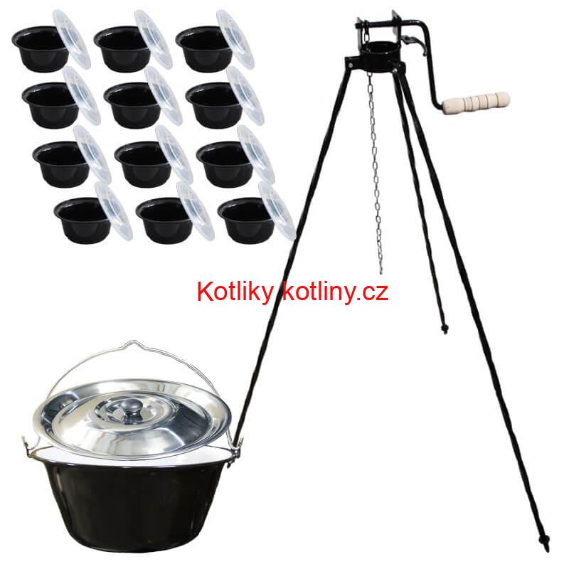 Smaltovaný kotlík 25 L + stojan s kladkou VAR + misky 12 ks
