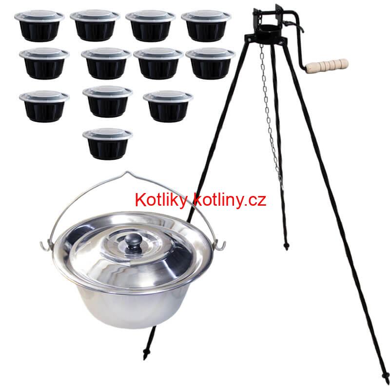 Nerezový kotlík 20 L (0,8 mm) INOX + stojan s kladkou VAR + misky 12 ks