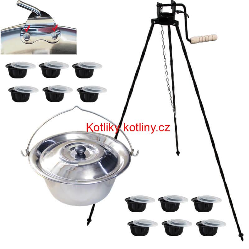 Nerezový kotlík 15 L (0,8 mm) s nýty + stojan s kladkou VAR + misky 12 ks
