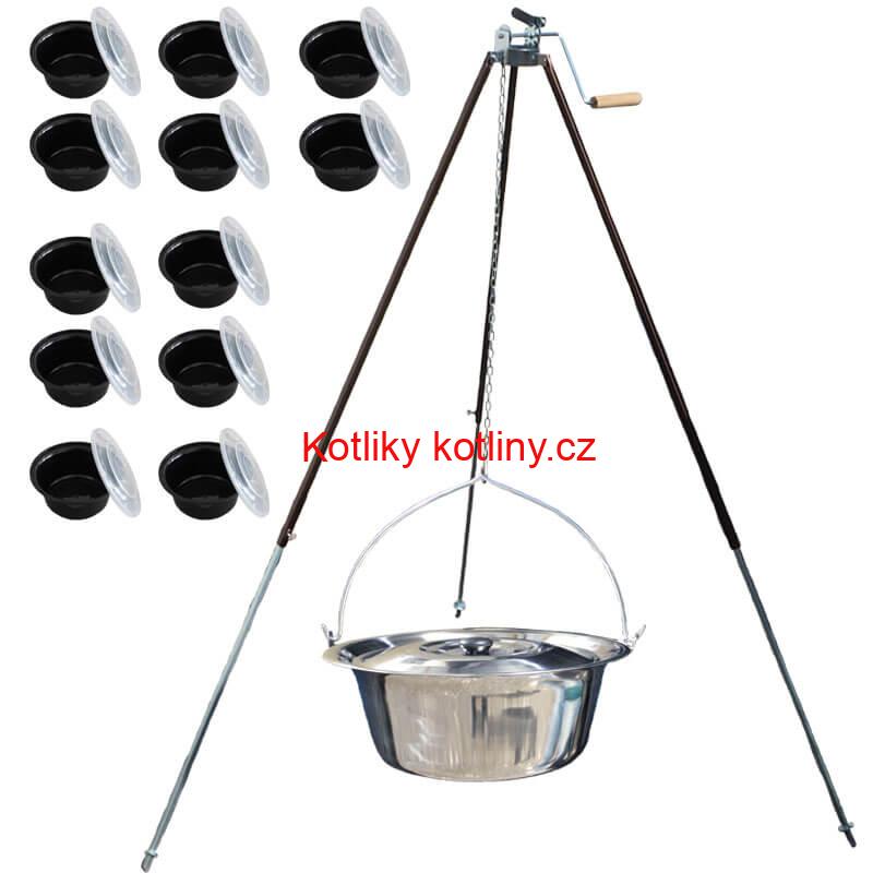 Nerezový kotlík 30 L (1,2 mm) + teleskopická trojnožka s pojistnou kladkou + misky 12 ks
