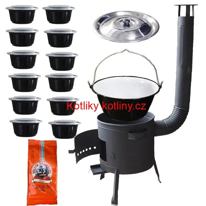 Smaltovaný kotlík 25 L (1,2 mm) + silnostěnná (1,5 mm) žáruvzdorná kotlina BALKY STRONG 42 PLUS 600 + misky 12 ks + paprikové koření na guláš 100 g