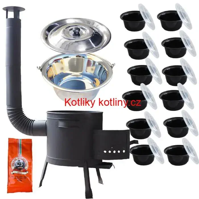 Nerezový kotlík 22 L (0,8 mm) INOX + silnostěnná (1,5 mm) žáruvzdorná kotlina BALKY STRONG 42 PLUS 600 + misky 12 ks + paprikové koření na guláš 100 g