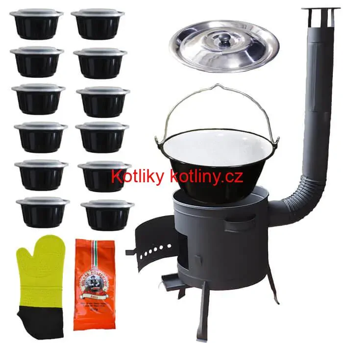 Smaltovaný kotlík 22 L (1,2 mm) + misky 12 ks + nízká žáruvzdorná kotlina (1,5 mm) 42 PLUS 600