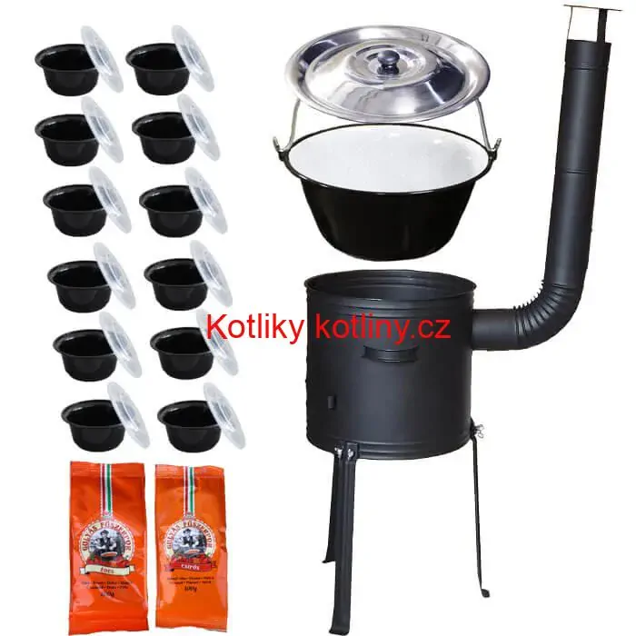 Smaltovaný kotlík 22 L (1,2 mm) + žáruvzdorná kotlina 42 cm Plus 700 + misky 12 ks + 2 x pepř na guláš 100 g
