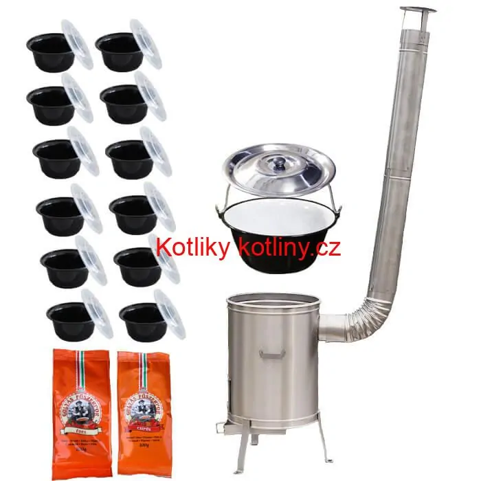 Smaltovaný kotlík 22 L (1,2 mm) + nerezová kotlina 42 cm LUX + misky 12 ks + 2 x pepř na guláš 100 g