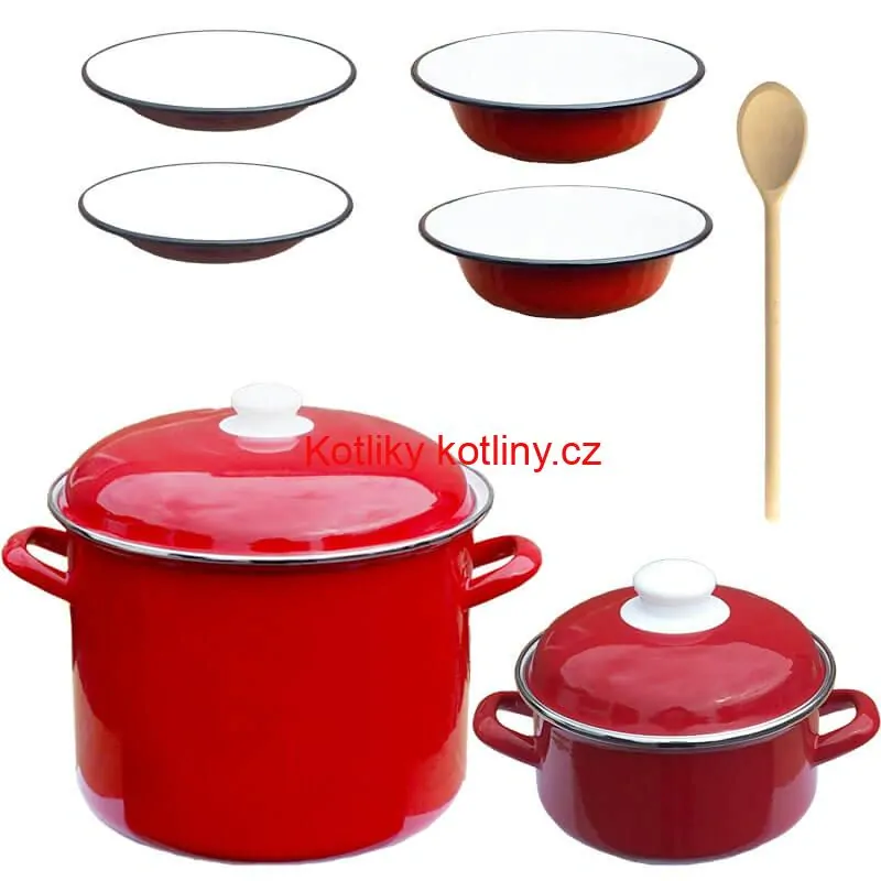 Smaltovaný hrnec s poklicí 5,2 l + smaltovaný kastrol s poklicí 3 L + talíře Classic