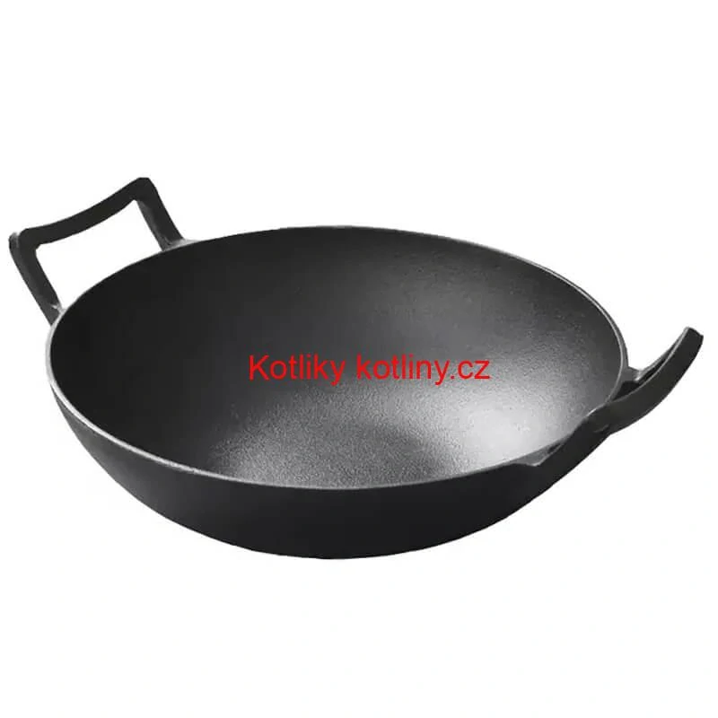 Litinový čínský wok 36,5 cm s dřevěnou poklicí