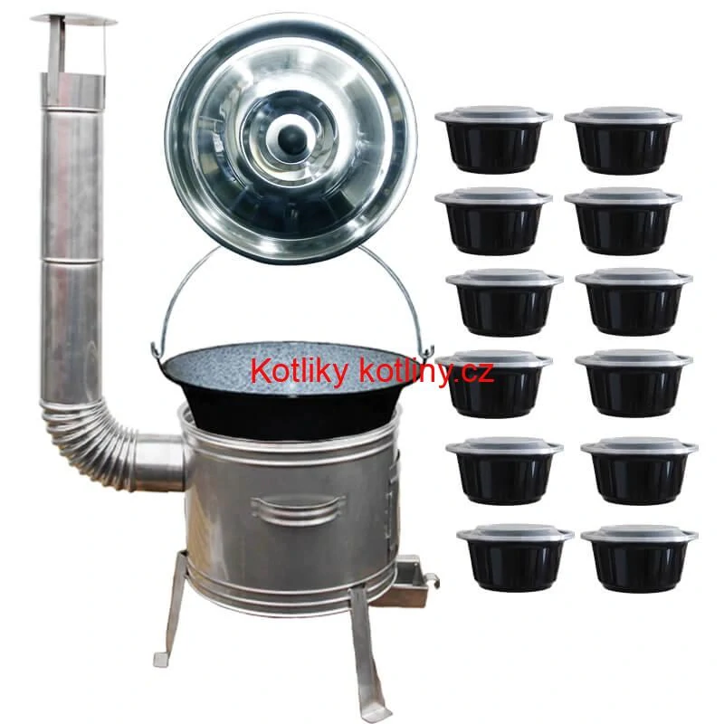 Smaltovaný kotlík 25 L + Nerezová kotlina 42 INOX + misky 12 ks