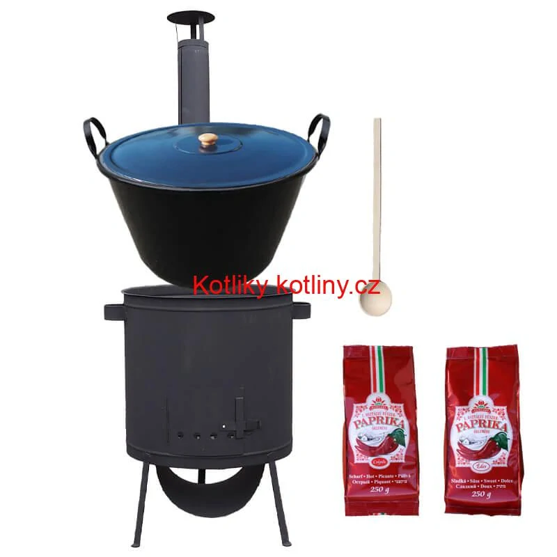 Smaltovaný kotel 70 L na zabijačku + žáruvzdorná kotlina 53 PLUS 600 4 MM + sladká a pálivá (2 x 250 g) + vařečka