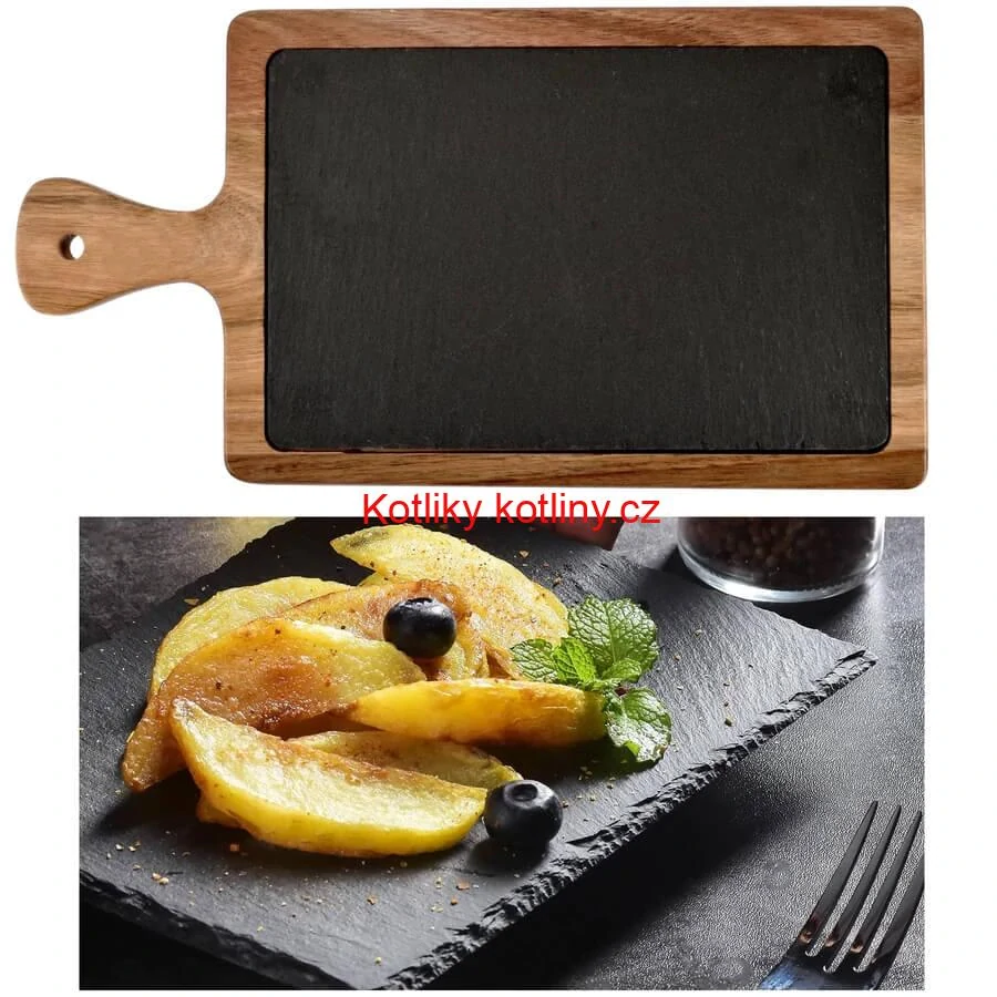 Servírovací podnos s břidlicovou deskou a rukojetí z akáciového dřeva 26 x 18 cm