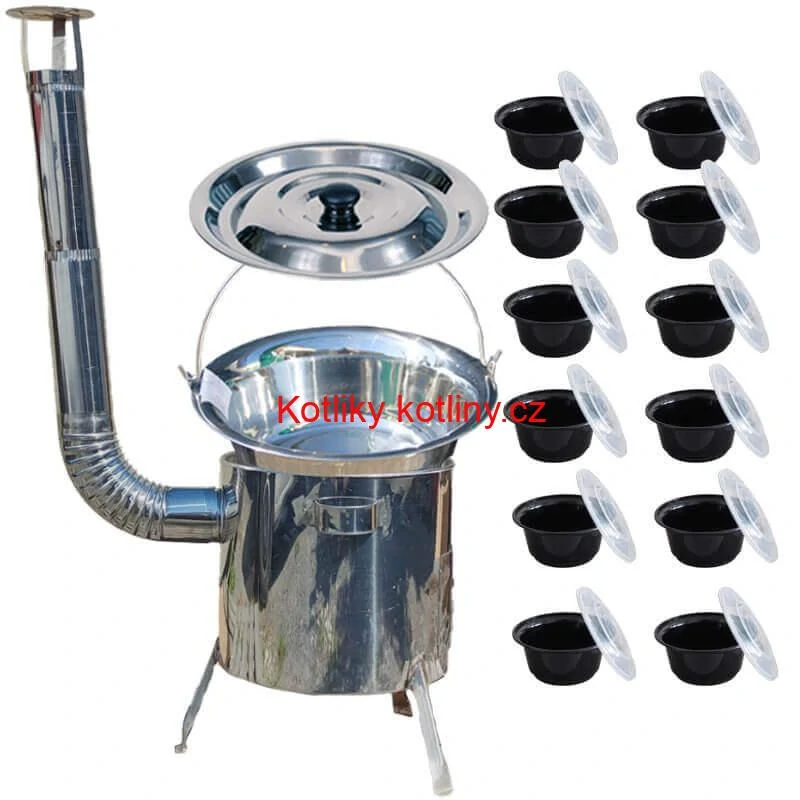Nerezový kotlík 14 L (0,8 mm) INOX + Nerezová kotlina 36 INOX LUSTRO + misky 12 ks