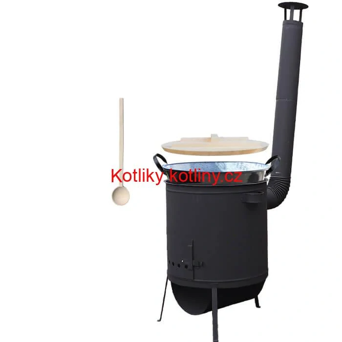 Zabijačkový smaltovaný kotel 100 L, žáruvzdorná kotlina 42 PLUS 600 4 MM, dřevěná poklice + vařečka