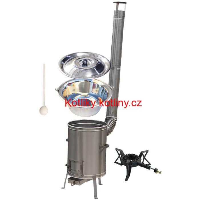 Nerezový kotlík 15 L (1,2 mm) + nerezová kotlina 36 cm + litinový hořák 7 kW, vařečka LUX